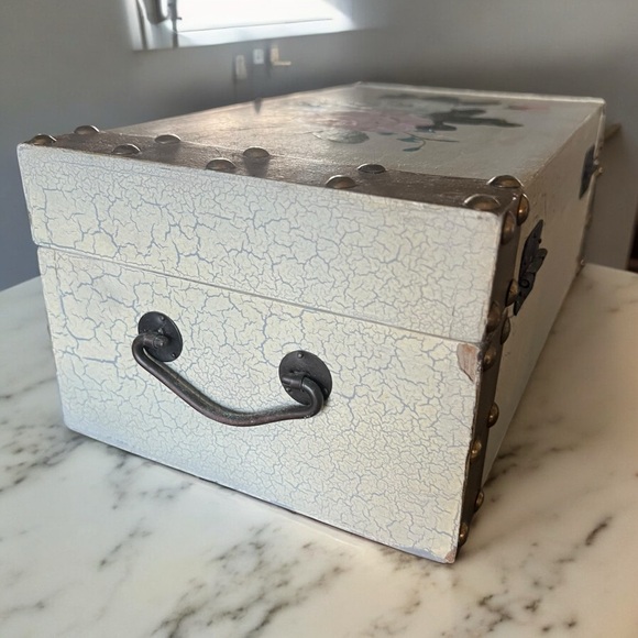 Hand Painted Shabby Chic Floral Decorative Box with Metal Accents - Picture 2 of 10